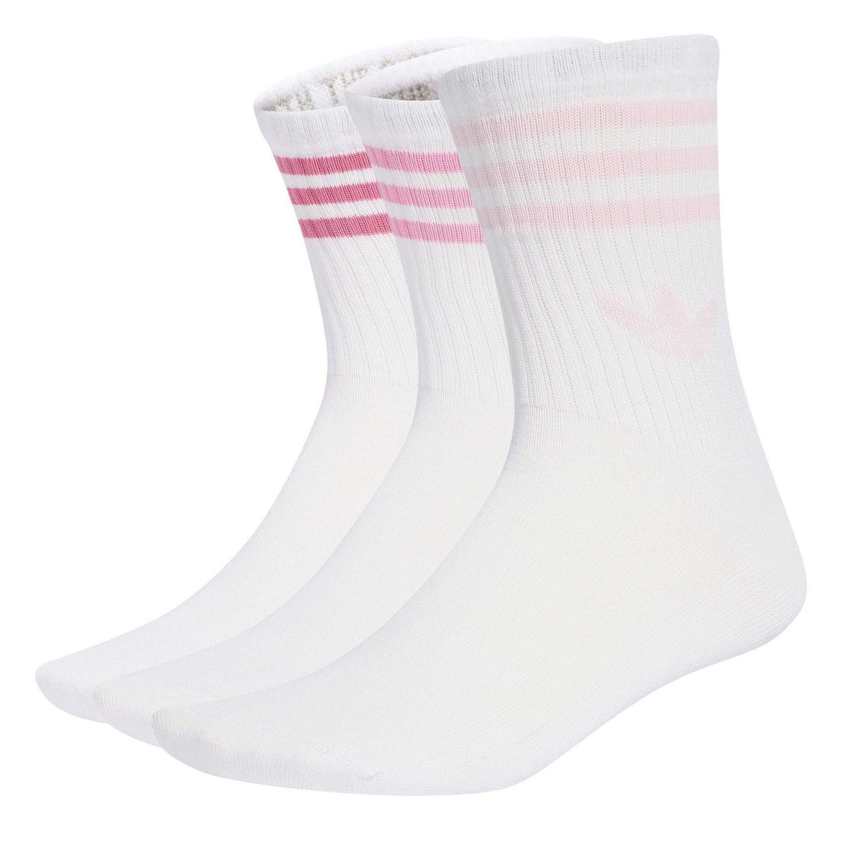 3-pack white crew socks with light pink horizontal stripes at the cuff