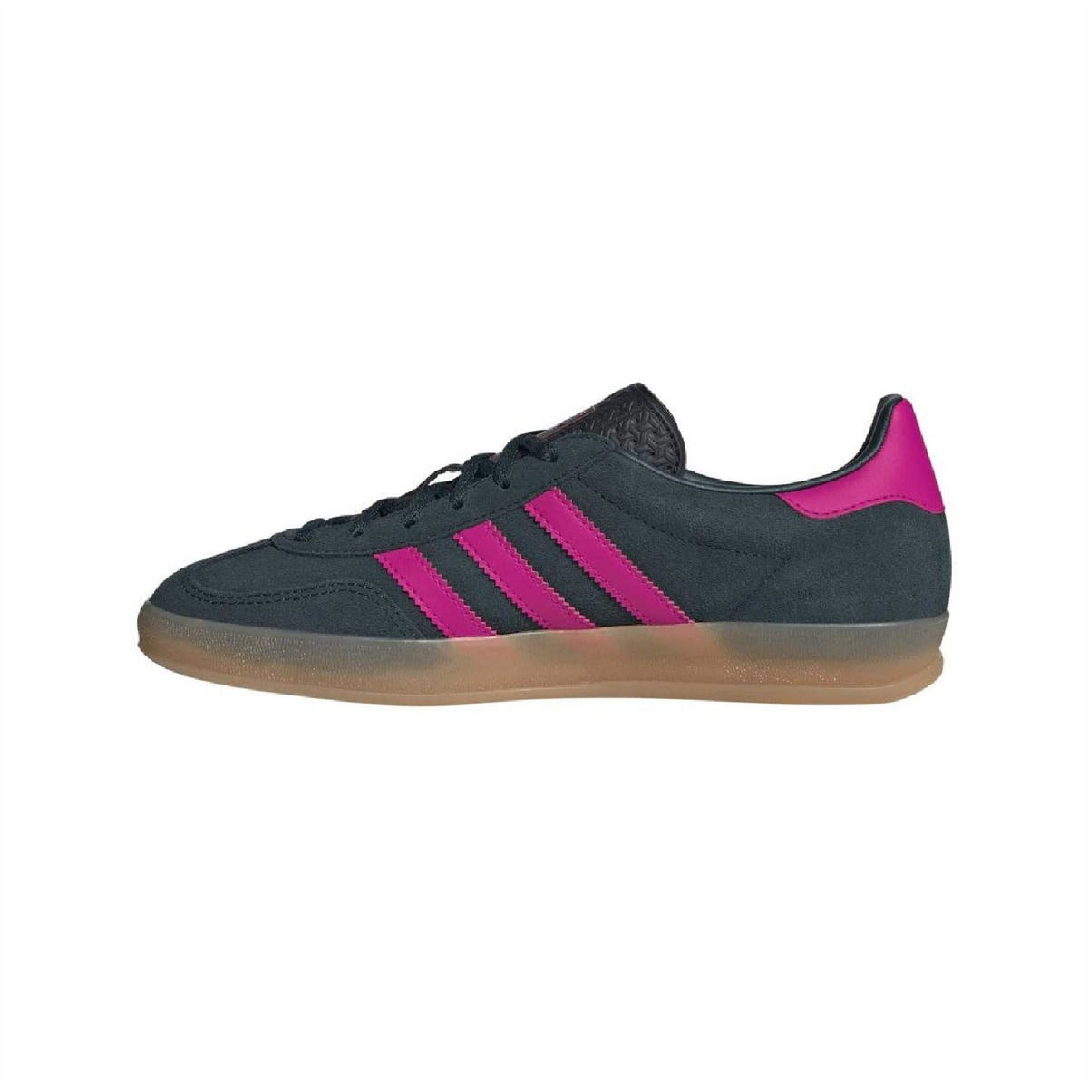 adidas Gazelle indoor trainers side view with magenta 3-Stripes and black laces