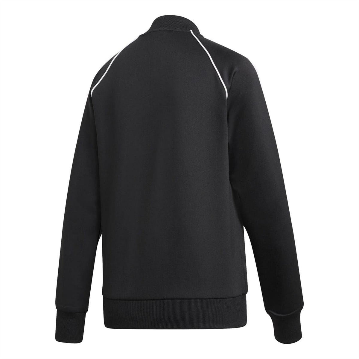 Black track jacket with white side stripes and full-zip back view