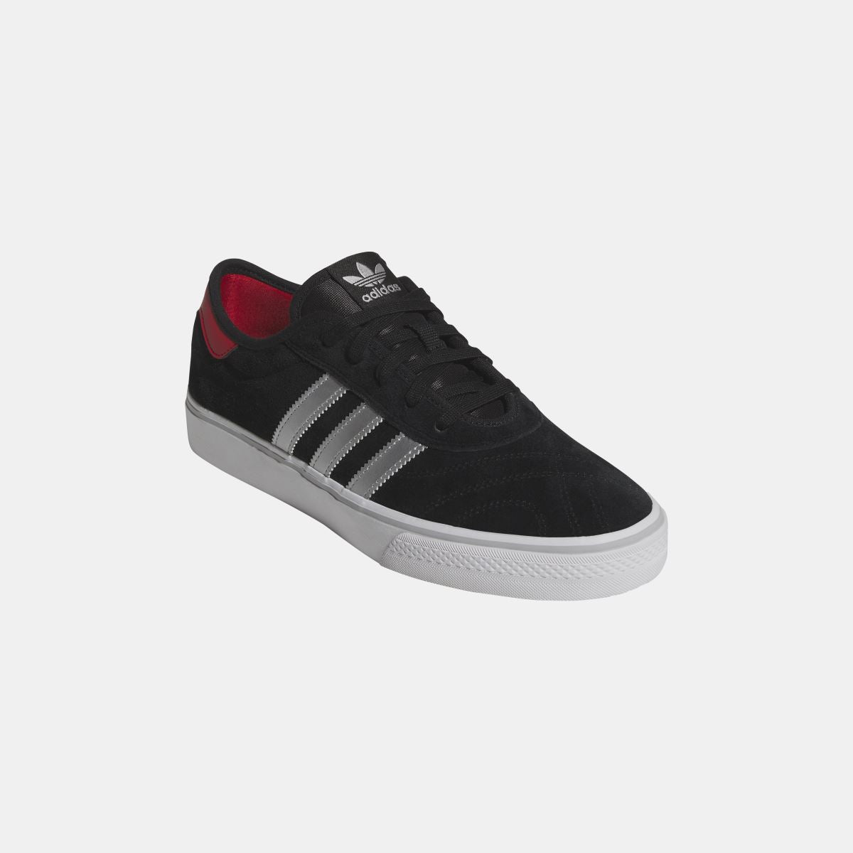 Side view adidas Originals Adi Ease black suede sneaker with white stripes and red accent
