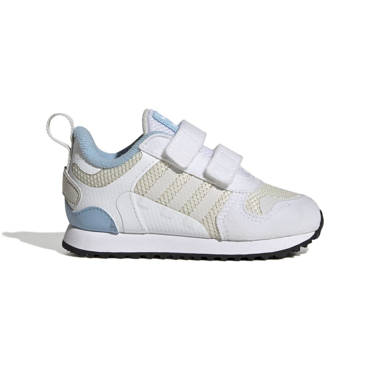 Infant white and light-blue trainers with double hook-and-loop straps and padded collar