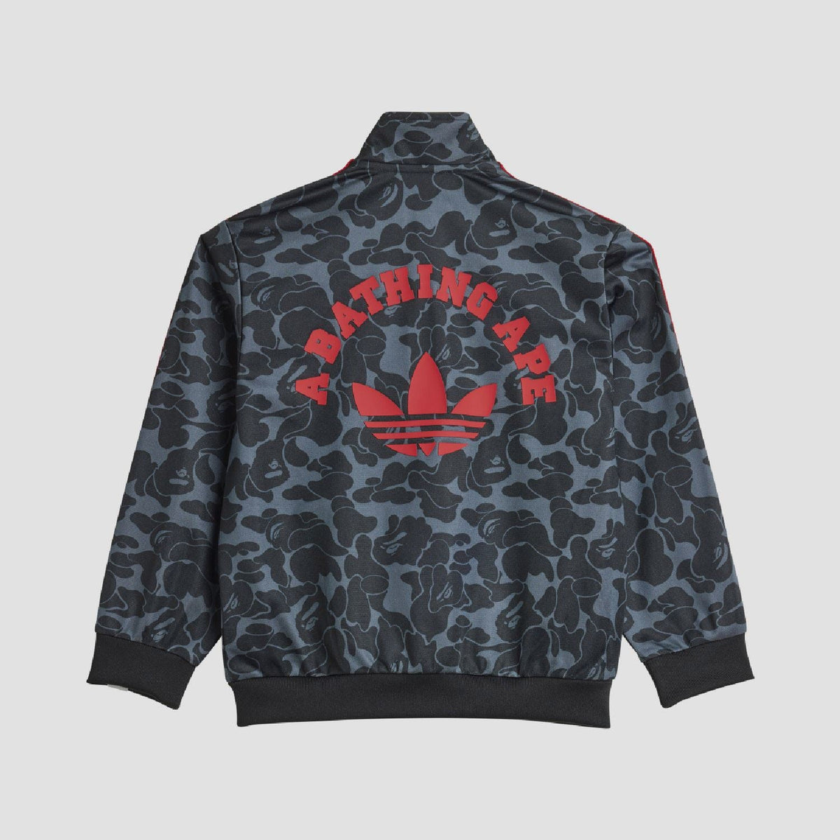 Kids camo zip-up jacket with red 'BATHING APE' back graphic and ribbed bottom hem