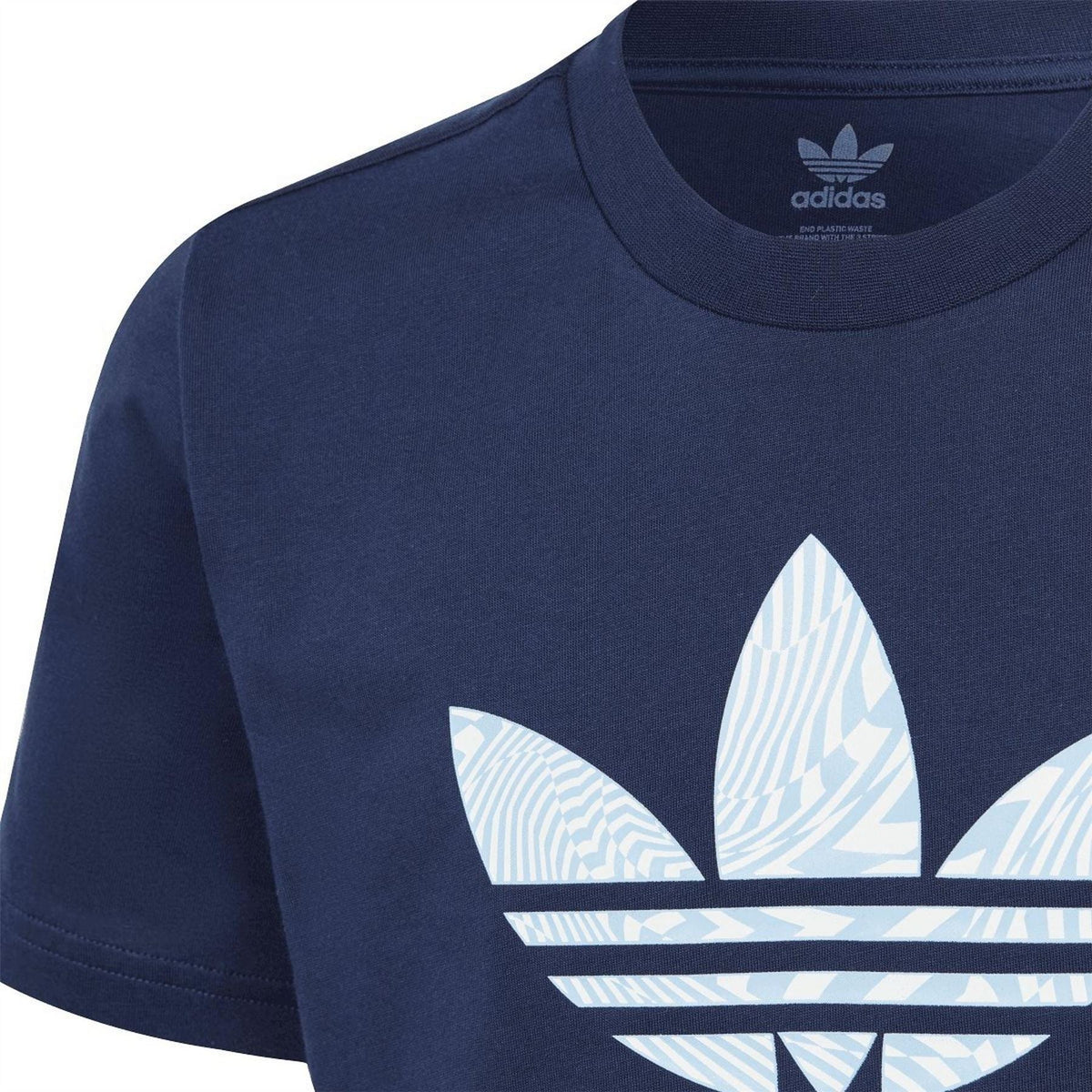 Indigo adidas Originals T-shirt close-up of trefoil graphic on chest