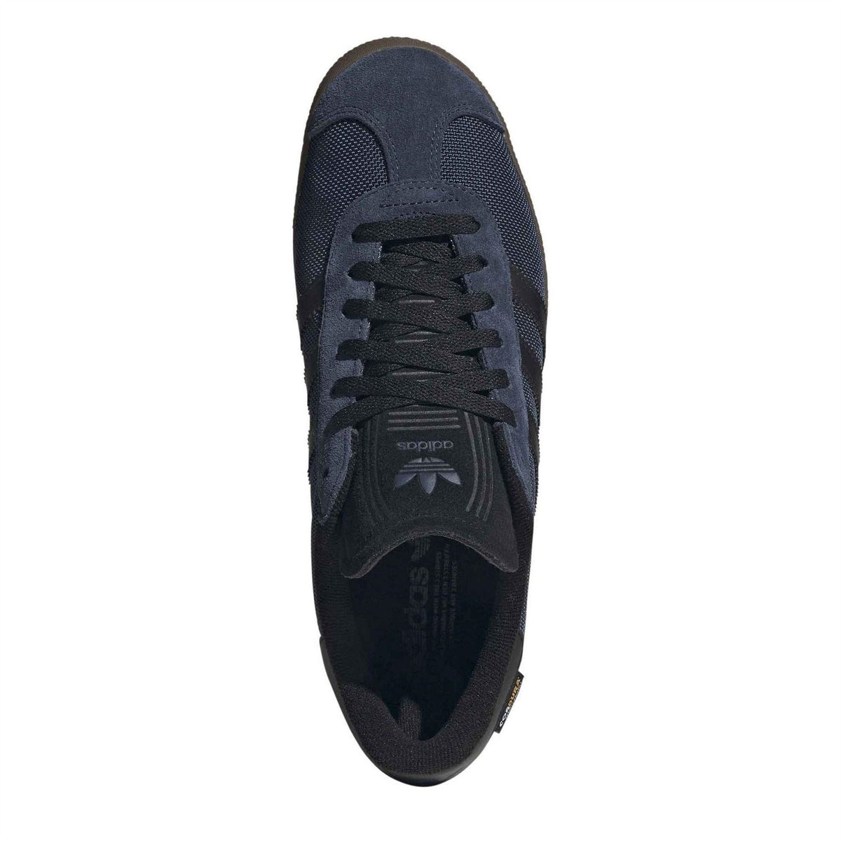 Gazelle OG lace-up sneakers with perforated toe, navy upper, lace-up front, brown sole