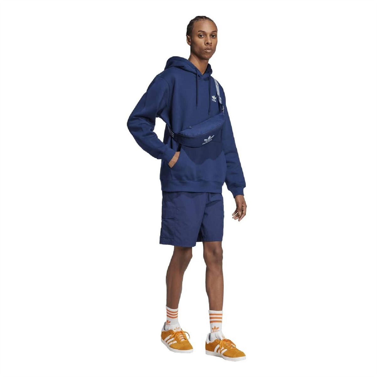 adidas Originals loose hoodie, dark indigo with hood drawstrings and small Trefoil chest logo