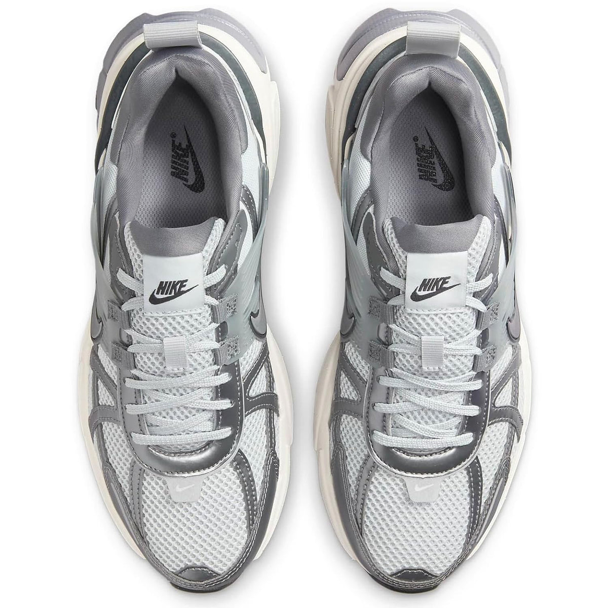 Women's Nike lace-up sneakers, gray mesh upper with white laces and heel tab