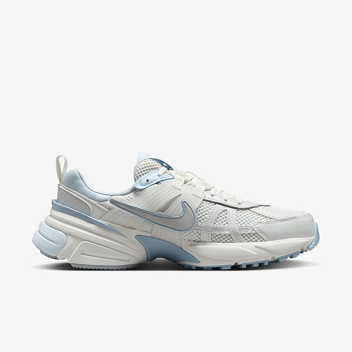 Nike V2K Run women's sneaker, white upper with light blue heel panel, side view
