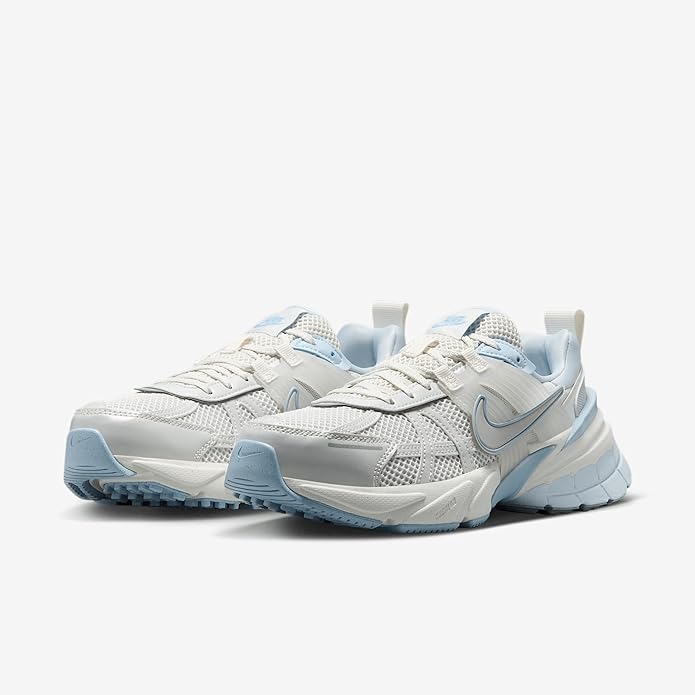 Nike V2K Run women's sneaker, white-and-light-blue mesh upper, toe and side view