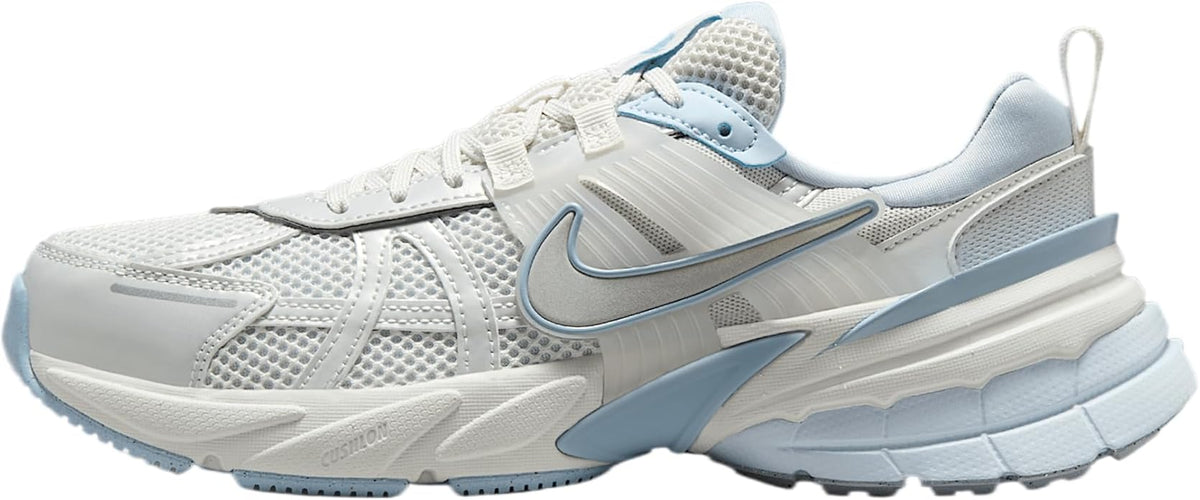 Nike V2K Run women's sneaker in white with light blue accents, front side view