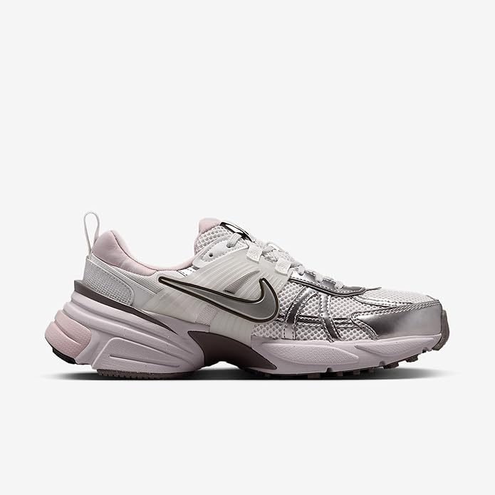 Women's lace-up running sneakers with silver mesh uppers, pink collar, chunky sole