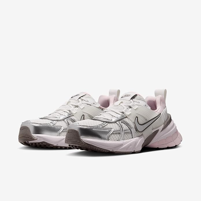 Women's running sneakers in metallic silver with black-and-gray overlays and lilac lining