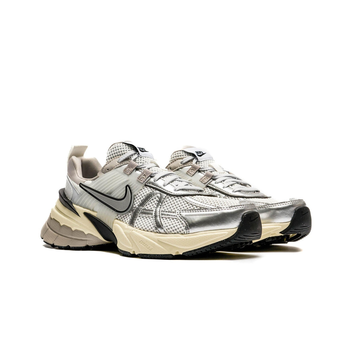 Women's Nike V2K Run sneakers, white/silver mesh upper with black swoosh and beige sole