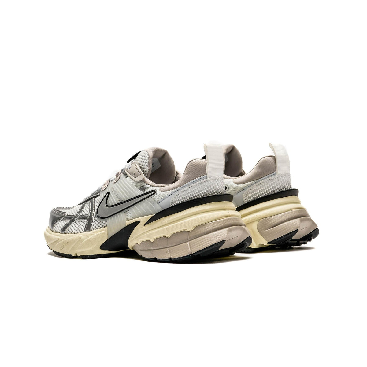 Women's Nike V2K Run sneakers, white and silver with chunky heel, beige-and-black sole