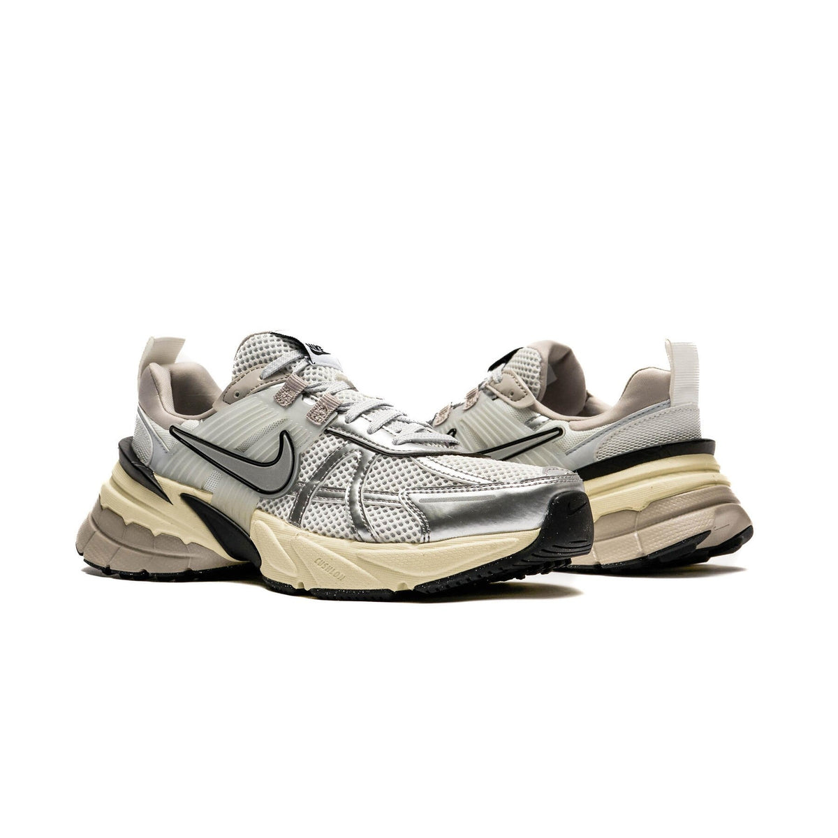 Women's Nike V2K Run sneakers, white/silver with beige midsole and black heel accents