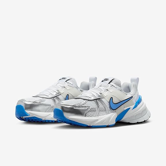 Women's Nike V2K Run sneakers, side view in white with blue accents and chunky sole
