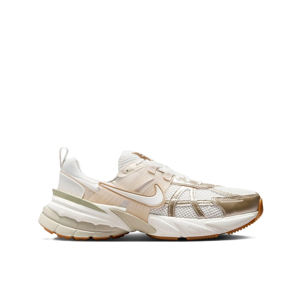 Nike V2K running sneaker in sail mesh with beige suede panels and white midsoles