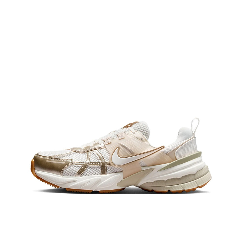 Nike V2K running sneaker, sail knit upper with gold swoosh and cushioned midsole