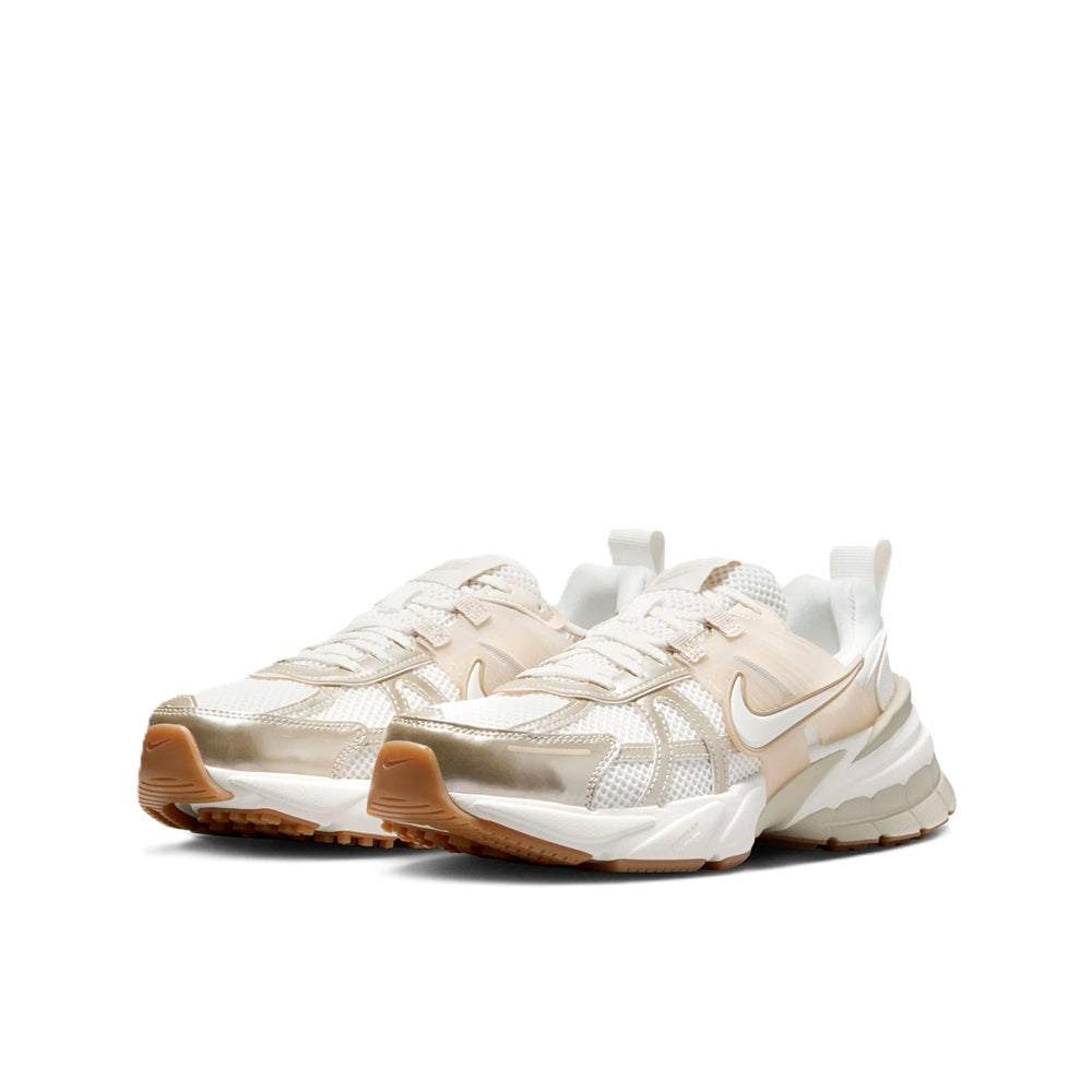 Nike V2K running sneakers pair, sail laced mesh uppers with beige accents