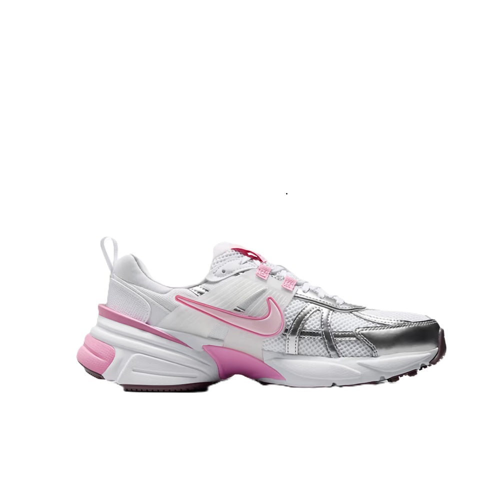 Women's Nike V2K Run sneakers, white with pink accents, lace-up mesh and rubber sole.