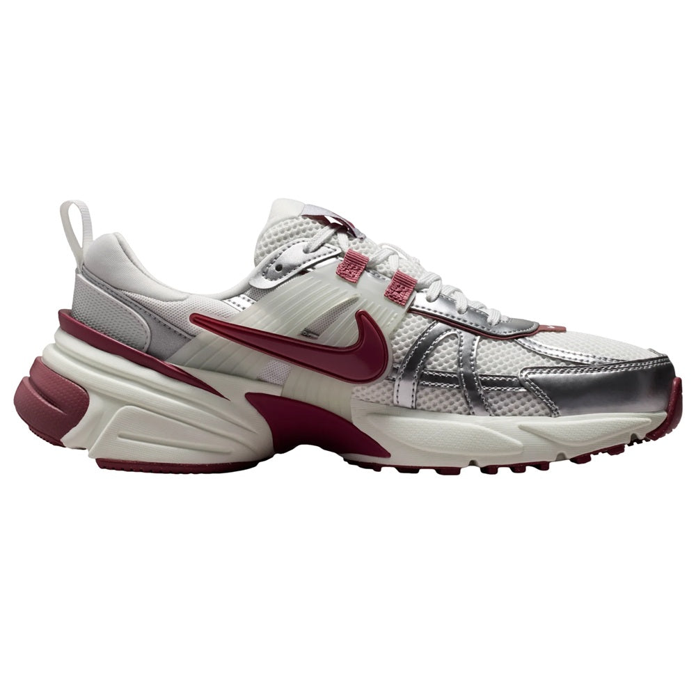 Women's Nike V2K Run side view, white mesh upper with maroon swoosh and heel