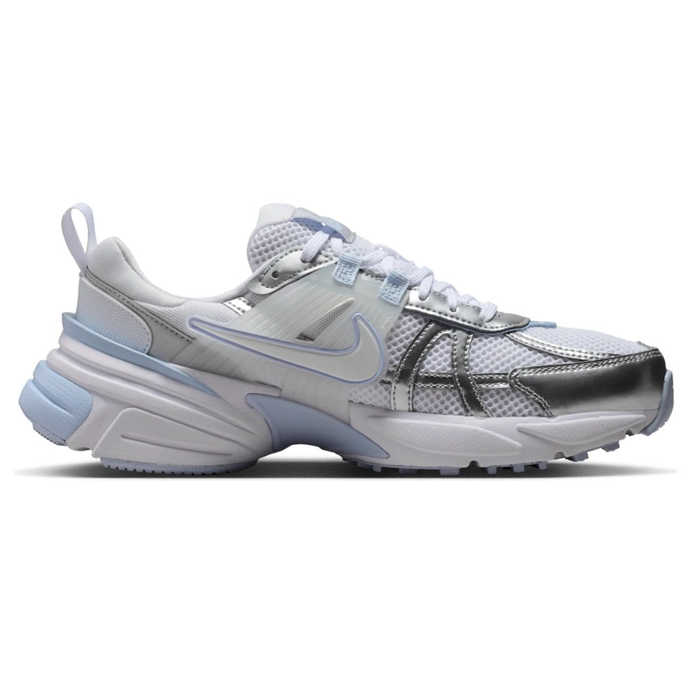 Nike V2K Run lace-up sneakers in white and metallic silver with blue side stripe details