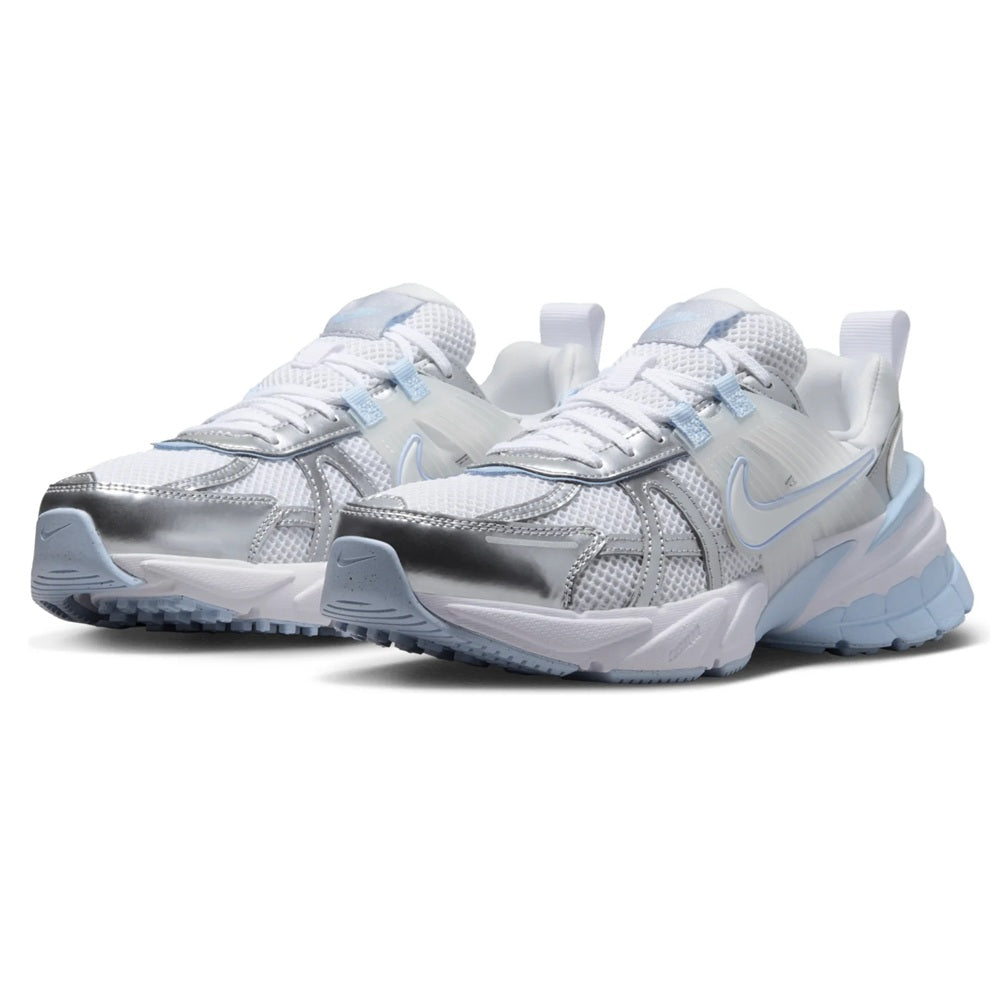Nike V2K Run sneakers, front view, white mesh uppers with metallic silver panels and blue trim