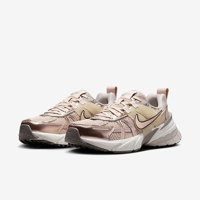 Women's V2K Run beige athletic sneakers with laces, textured upper, Nike swoosh