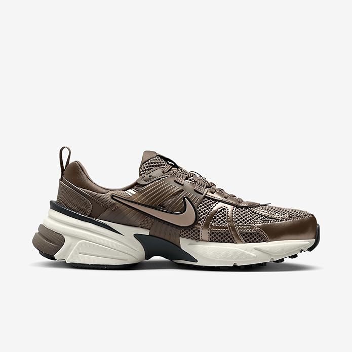 Women’s Nike V2K Run sneakers, side view, mink brown with swoosh on mesh upper