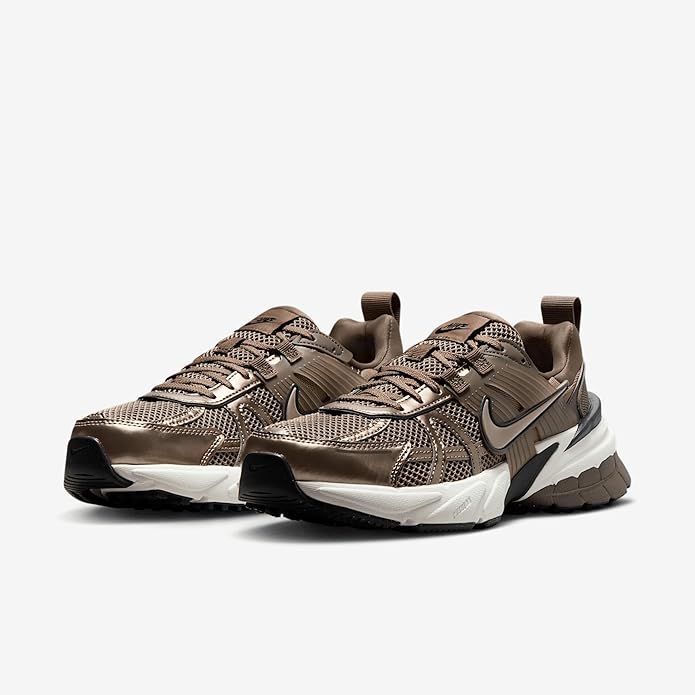 Women’s Nike V2K Run sneakers, angled view, mink brown lace-up with chunky sole