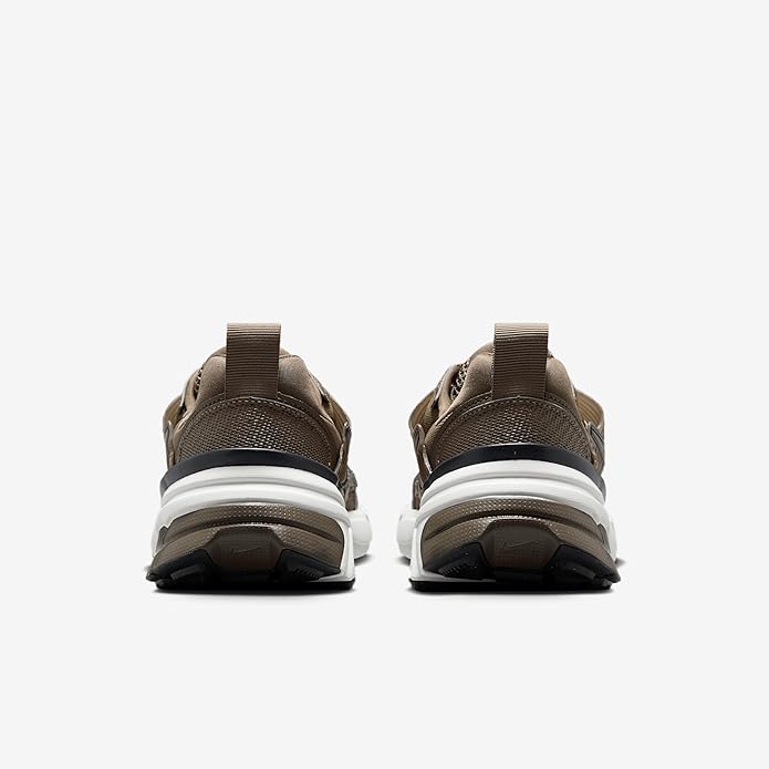 Women’s Nike V2K Run sneakers, rear view, lace-up collar in dark brown tones