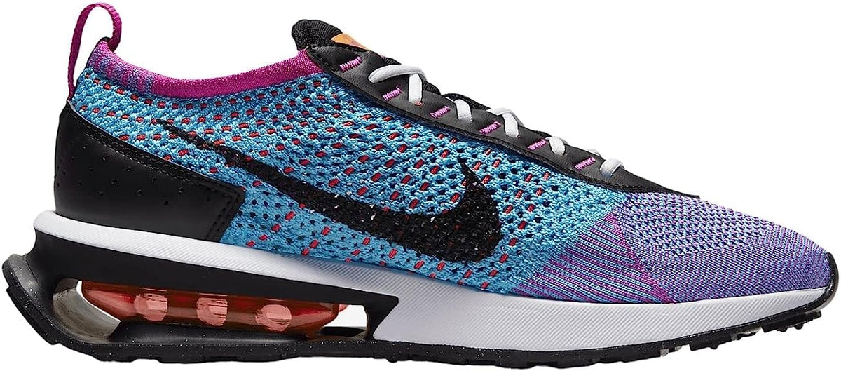 Women’s running sneaker with blue and purple knit upper, black swoosh, white midsole