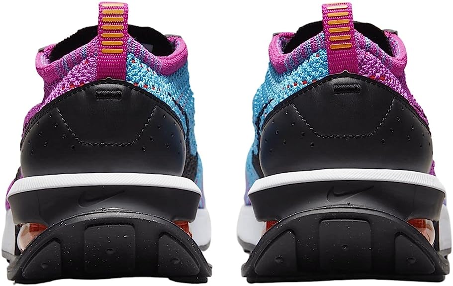 Women’s running sneaker heel view with black heel counter and purple-blue knit collar