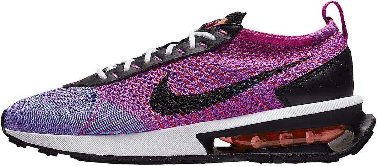 Women’s running sneaker with purple knit upper, black swoosh, white midsole, air unit