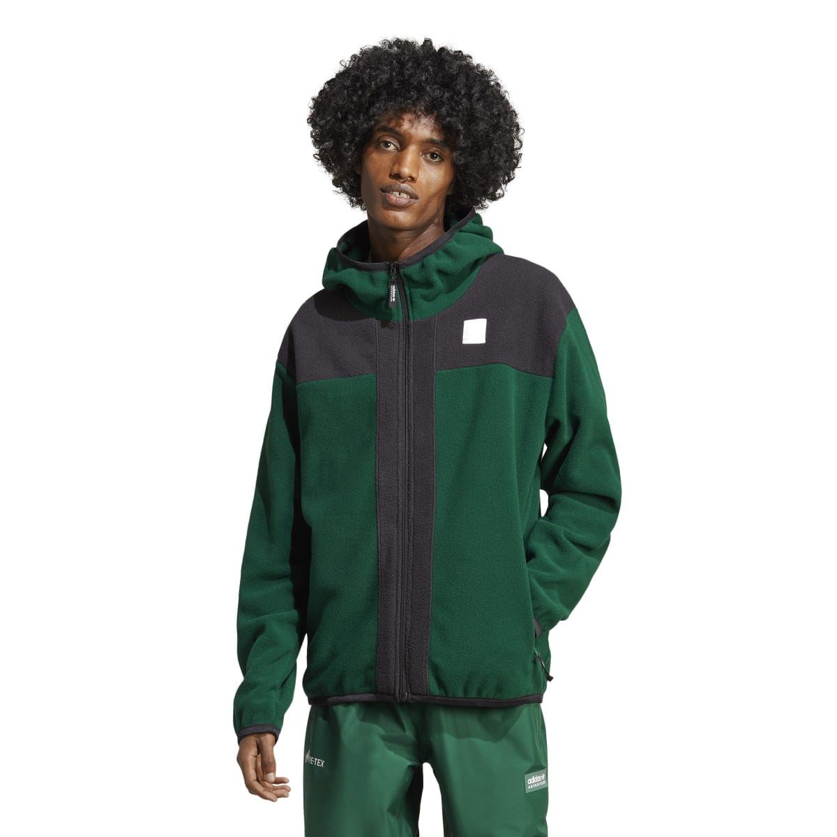 adidas color-block polar fleece zip hoodie, green body with charcoal shoulder panels
