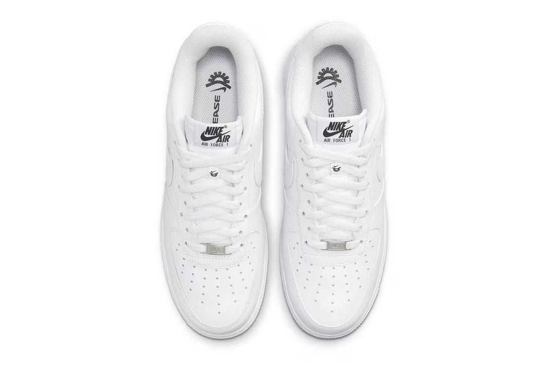 Nike Air Force 1 sneakers, white, rear view of heels with Nike Air logo