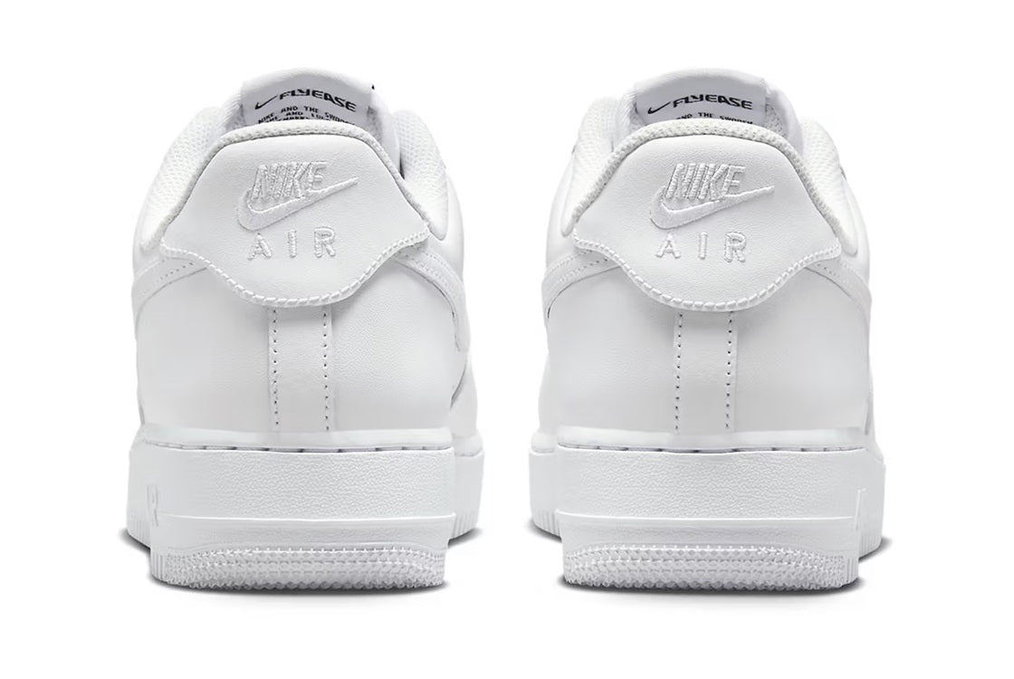 Nike Air Force 1 sneakers, white, heel view with Air-branded back tabs
