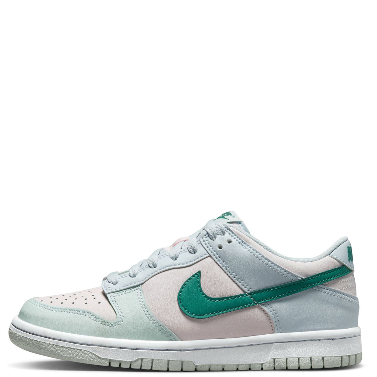 Kids Nike Dunk Low sneaker in light grey with green teal swoosh and laces