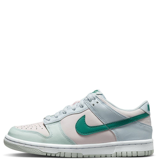 Kids Nike Dunk Low sneaker in light grey with green teal swoosh and laces