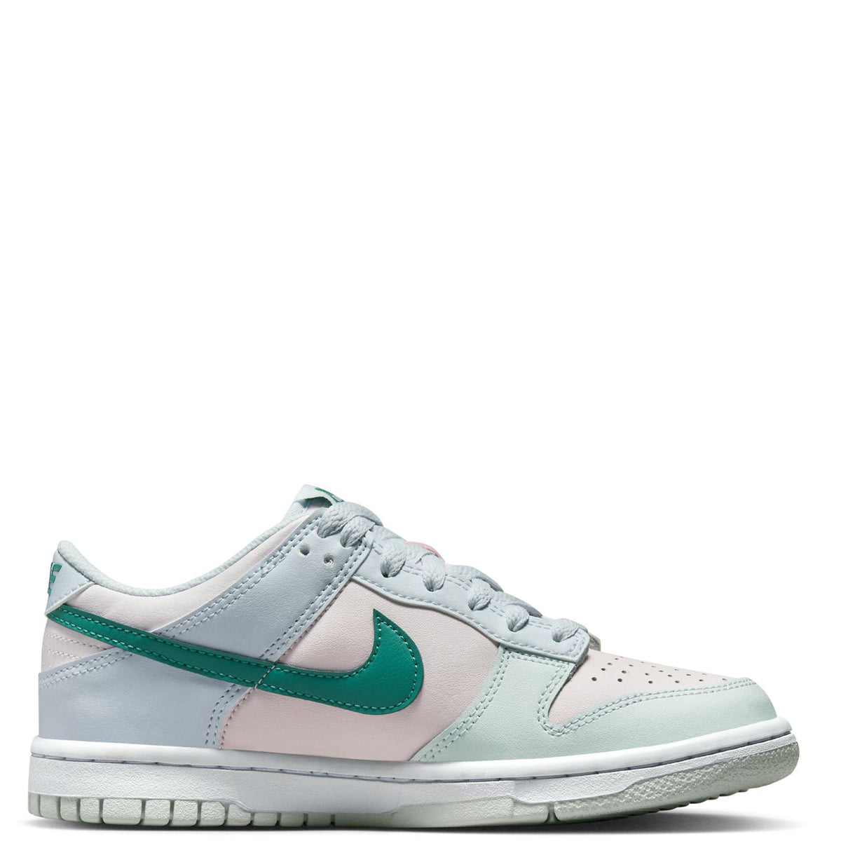 Kids low-top Nike Dunk with light grey leather, pink heel panel, and teal swoosh