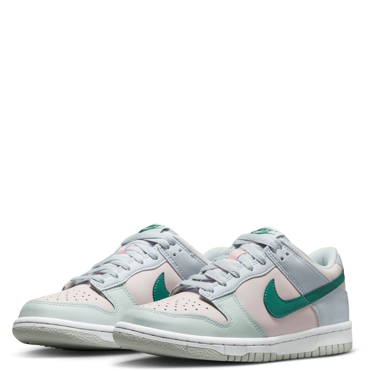 Pair of kids Nike Dunk Low sneakers, light grey uppers with teal side swooshes
