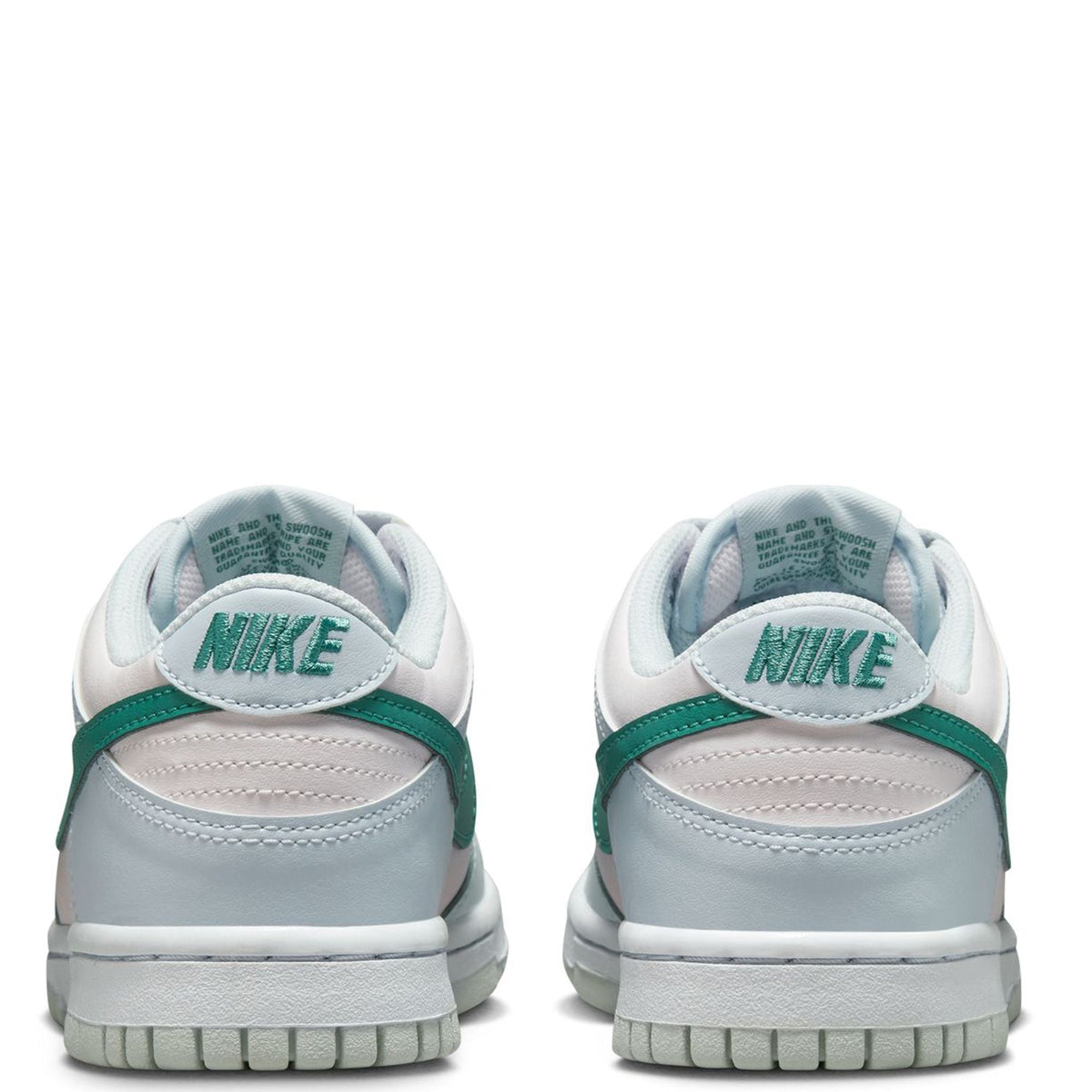 Kids Nike Dunk Low sneakers heel view, light grey leather with green teal trim