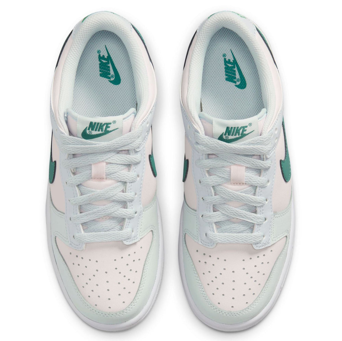 Kids Nike Dunk Low sneakers front view, white laces with teal logo tongue