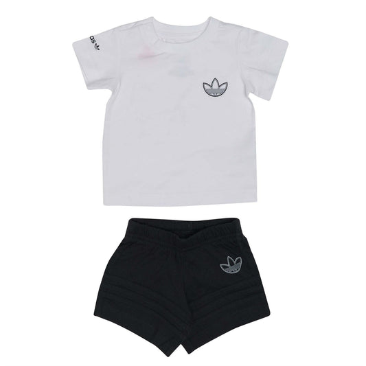 White adidas T-shirt and black shorts set with small trefoil logos