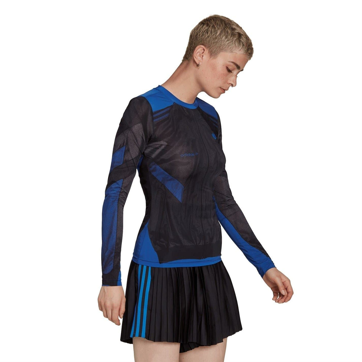 Black long-sleeve crew neck T-shirt with blue side panels and ribbed cuffs