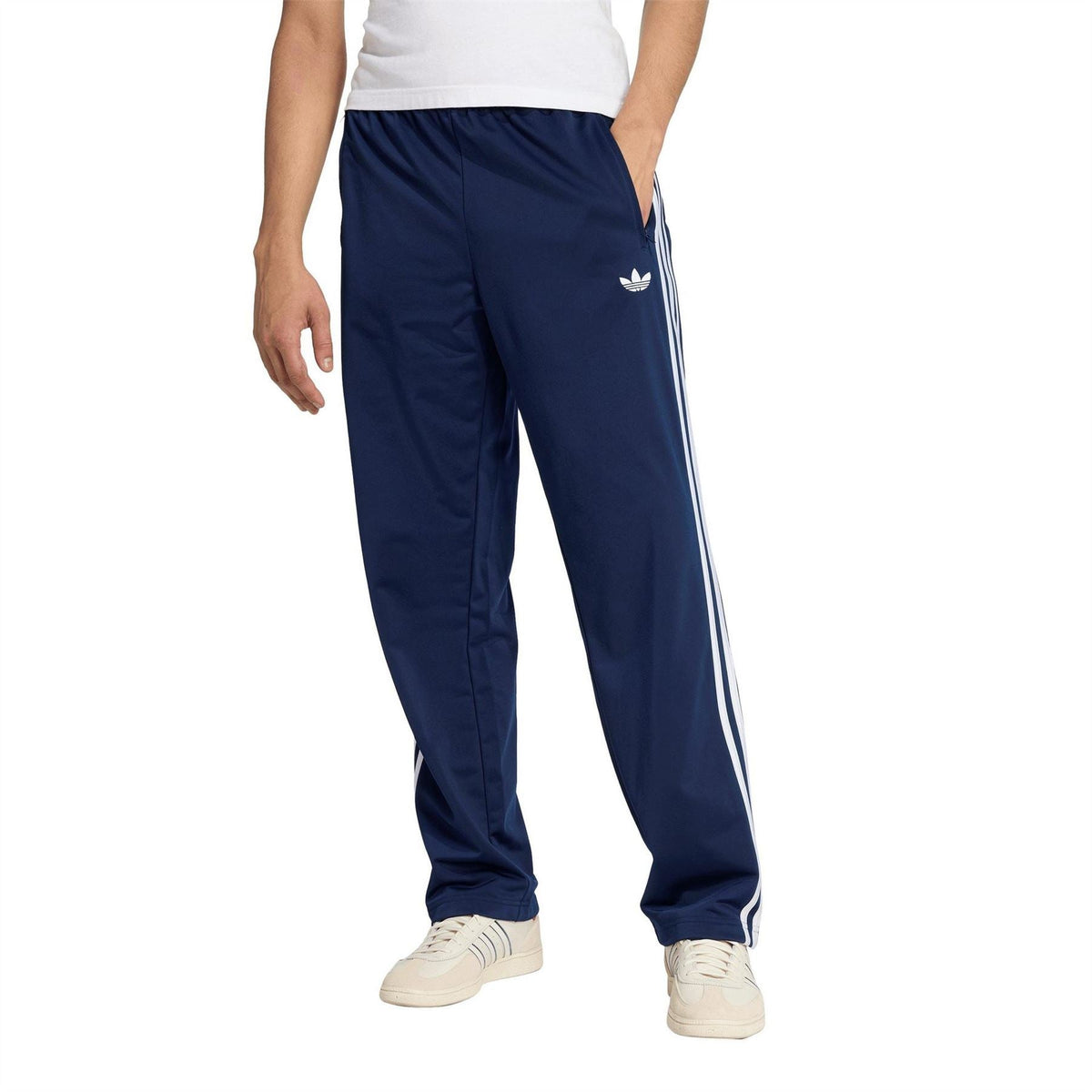 adidas men's navy track joggers with elastic waist and white side stripe detail