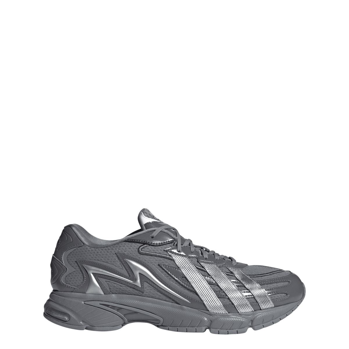 Grey adidas lace-up trainers, 3-stripe detail on the side, chunky sole profile