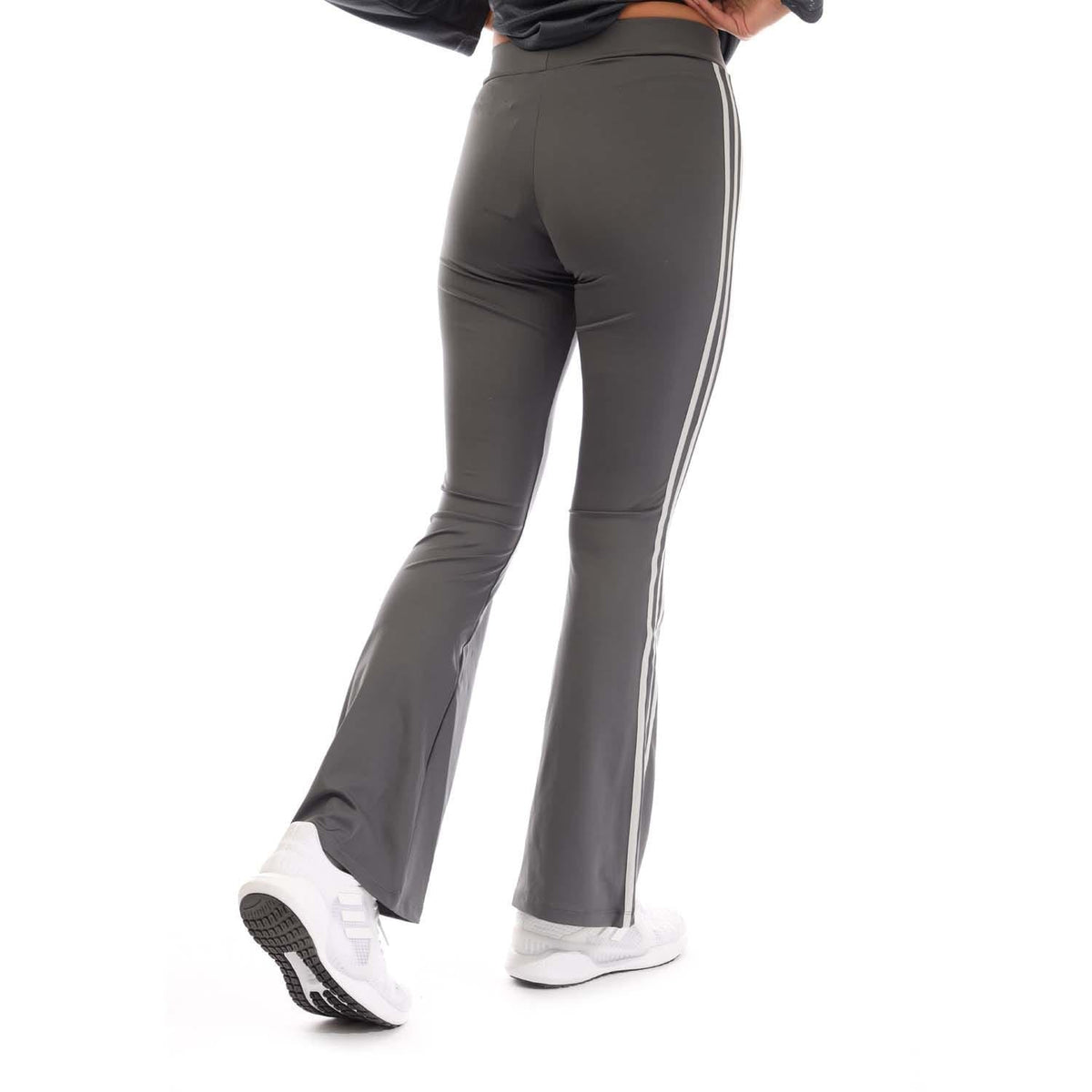 Grey flared leggings with contrast side stripes and wide bell leg opening