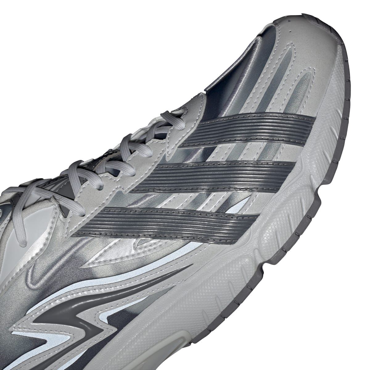 adidas Originals Orketro trainers close-up, grey uppers with three-bar stripe and laces