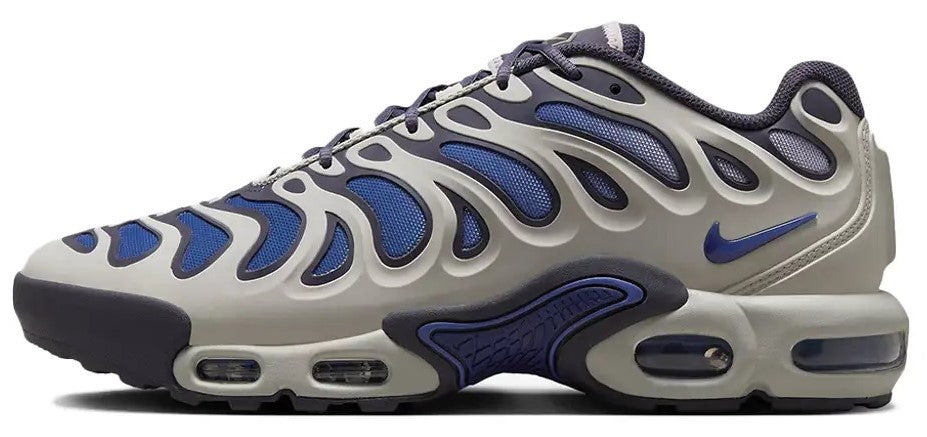 Men's Nike running sneakers, gray leather-look with blue flame panels and navy laces