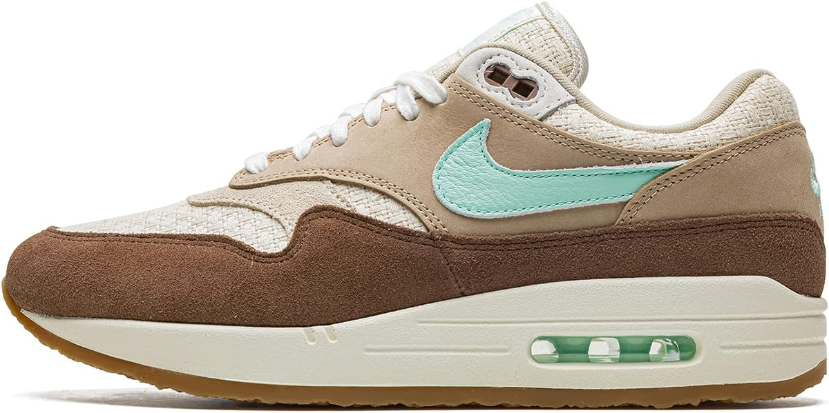 Nike Air Max 1 PRM sneaker in tan, brown suede and mint accents, side Swoosh and laces